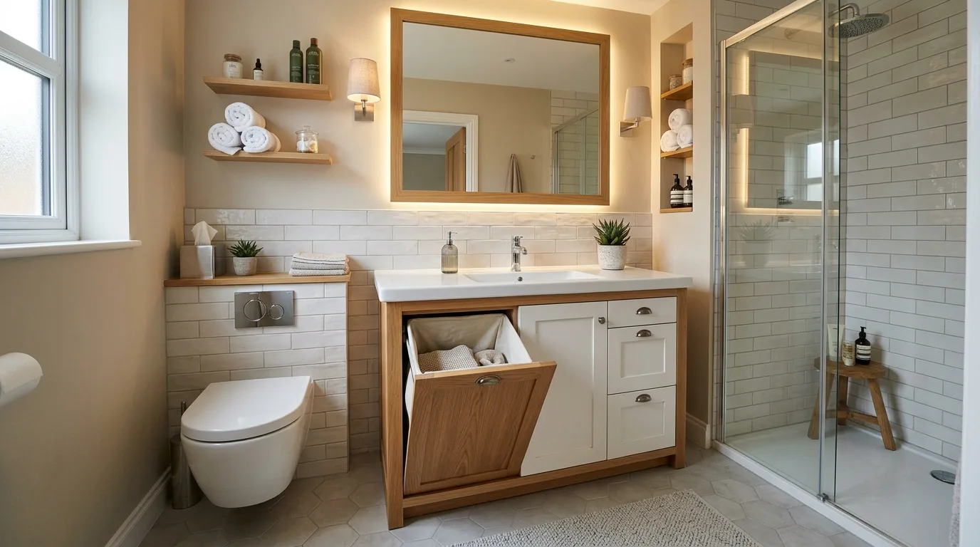 Use warm neutrals to soften tight dimensions inspiration for a small bathroom.